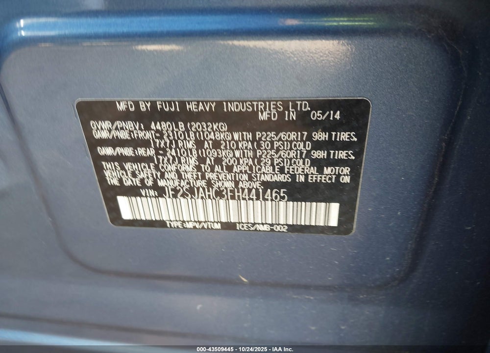 2015 SUBARU FORESTER 2.5I LIMITED VIN: JF2SJAHC3FH441465