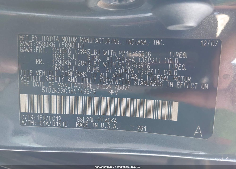 2008 TOYOTA SIENNA LE VIN: 5TDZK23C38S149675