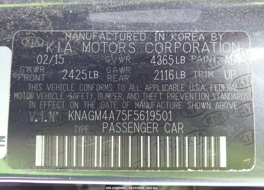 2015 KIA OPTIMA LX VIN: KNAGM4A75F5619501