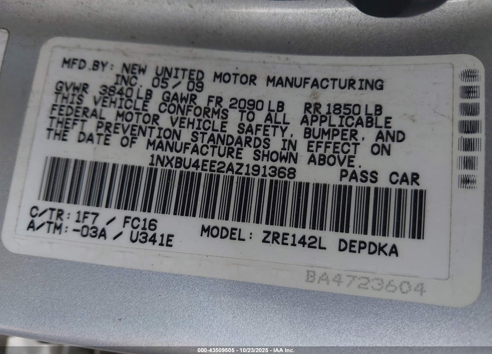 2010 TOYOTA COROLLA LE VIN: 1NXBU4EE2AZ191368