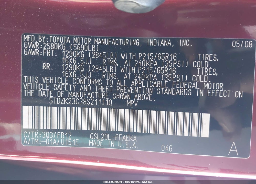 2008 TOYOTA SIENNA CE VIN: 5TDZK23C38S211110