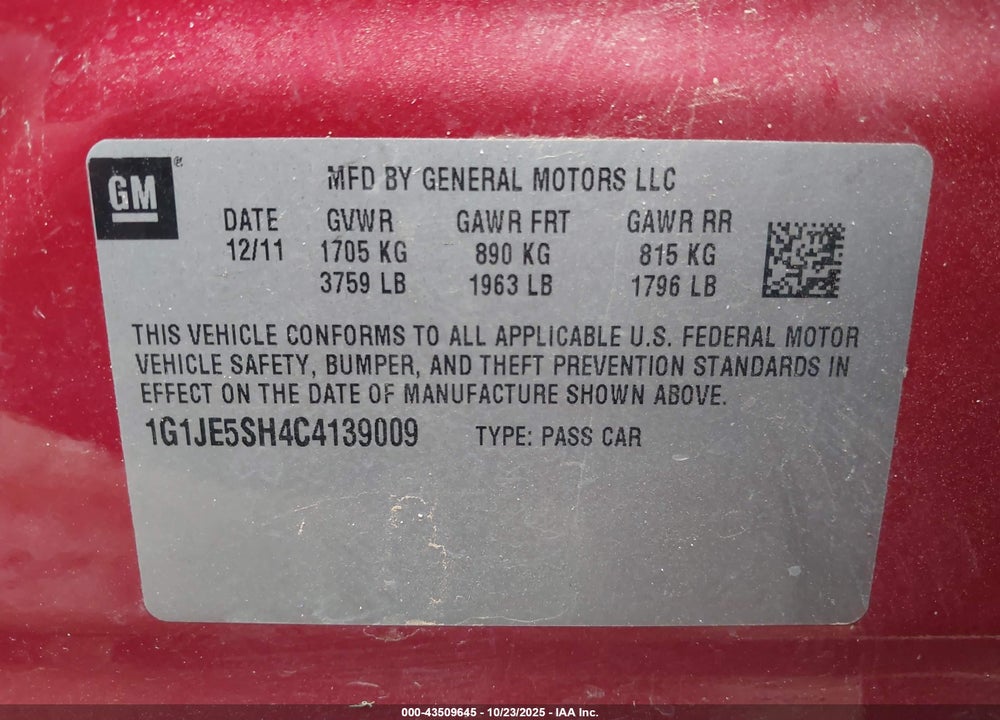 2012 CHEVROLET SONIC VIN: 1G1JE5SH4C4139009