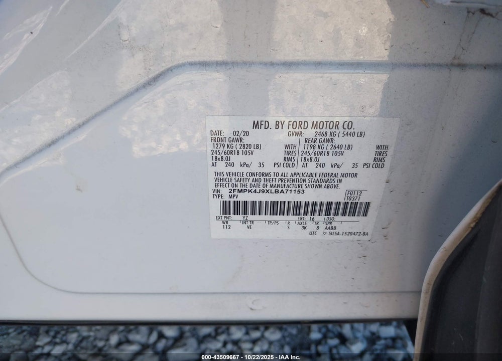 2020 FORD EDGE VIN: 2FMPK4J9XLBA71153