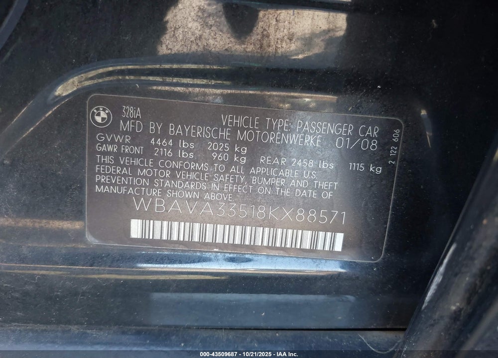 2008 BMW 328I VIN: WBAVA33518KX88571