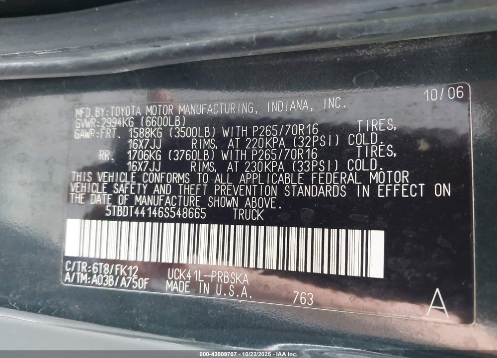 2006 TOYOTA TUNDRA VIN: 5TBDT44146S548665