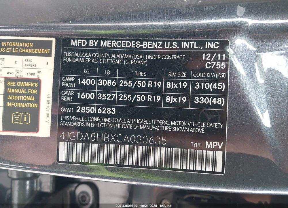 2012 MERCEDES-BENZ ML 350 4MATIC VIN: 4JGDA5HBXCA030635