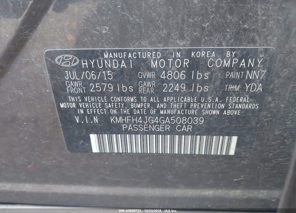 2016 HYUNDAI AZERA LIMITED VIN: KMHFH4JG4GA508039