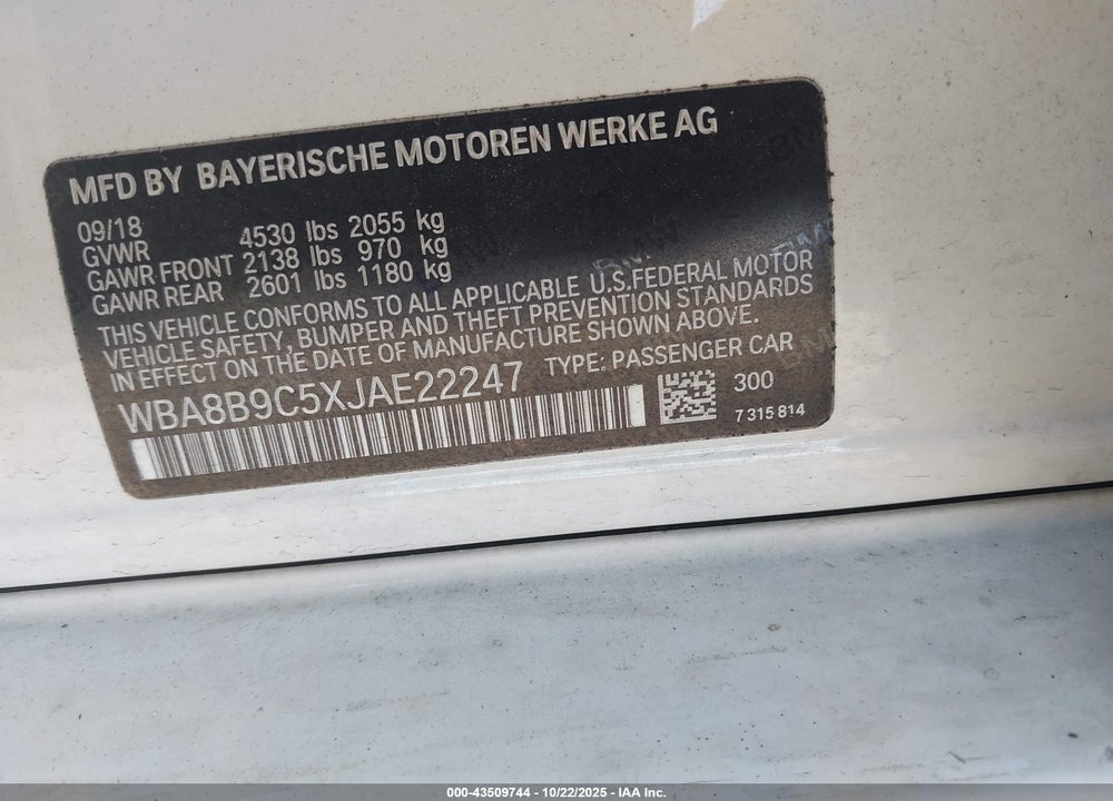 2018 BMW 330I VIN: WBA8B9C5XJAE22247