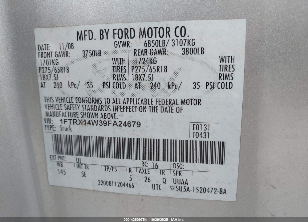 2009 FORD F-150 VIN: 1FTRX14W39FA24679