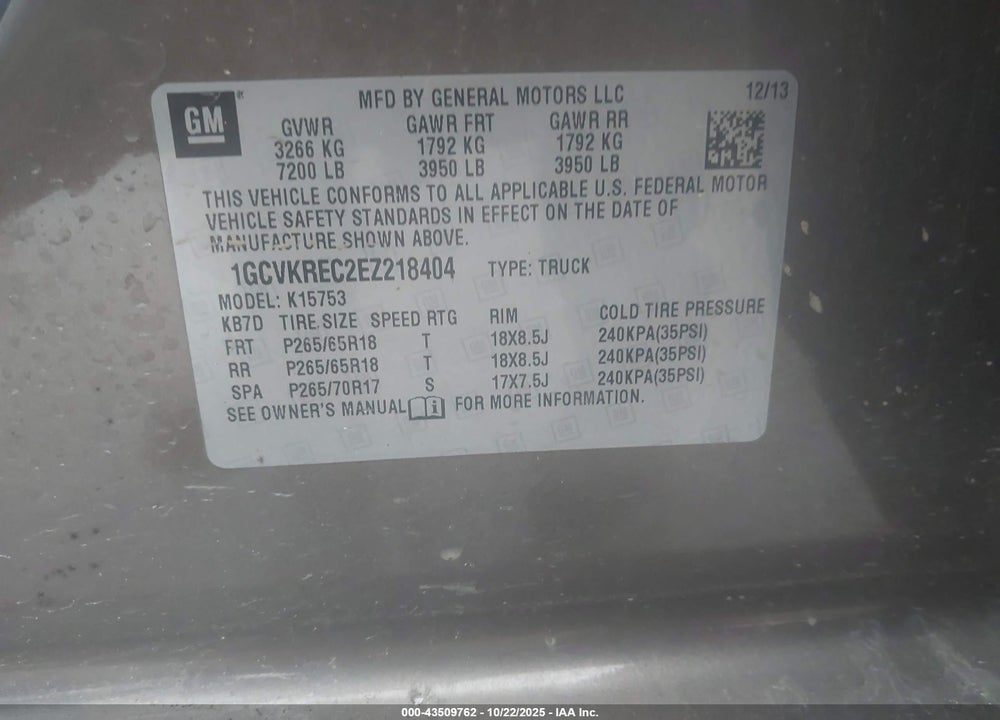 2014 CHEVROLET SILVERADO 1500 1LT VIN: 1GCVKREC2EZ218404