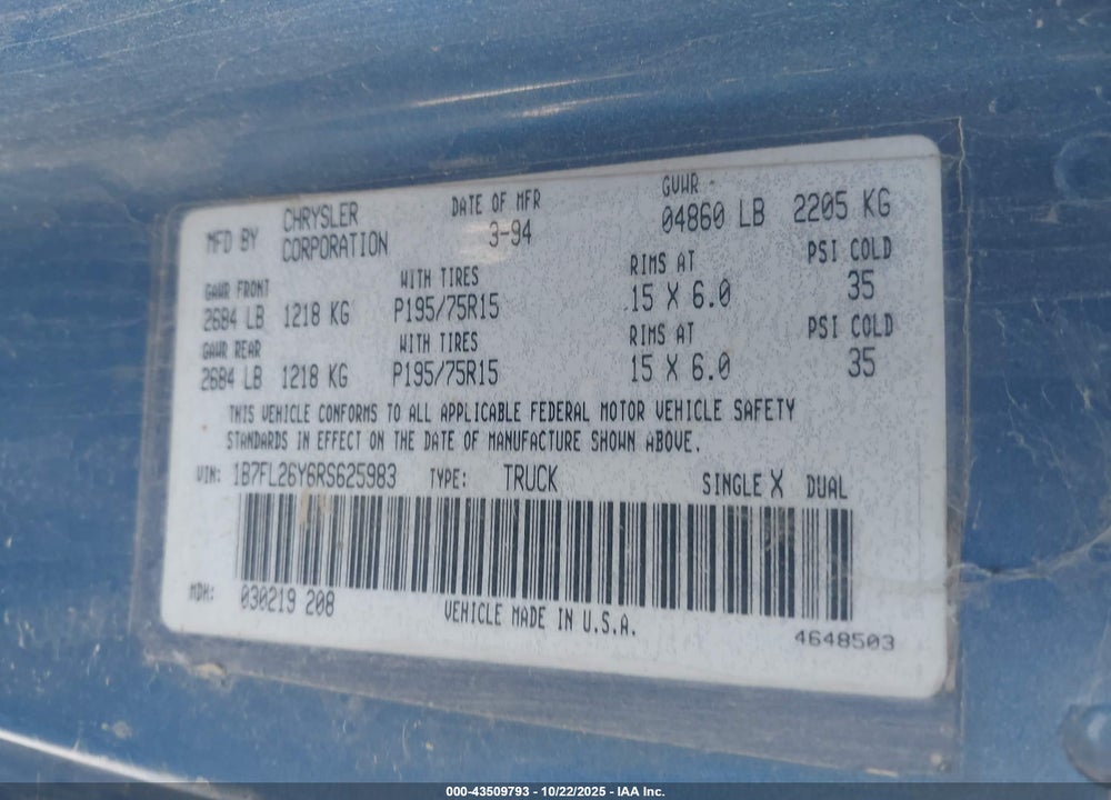 1994 DODGE DAKOTA VIN: 1B7FL26Y6RS625983