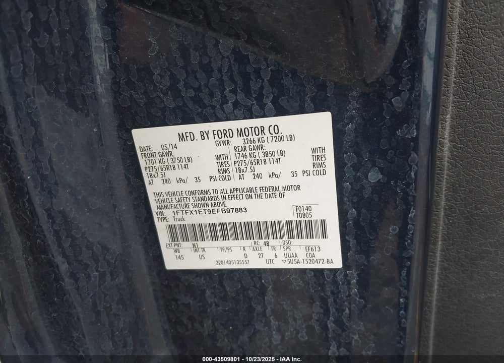 2014 FORD F-150 XLT VIN: 1FTFX1ET9EFB97883