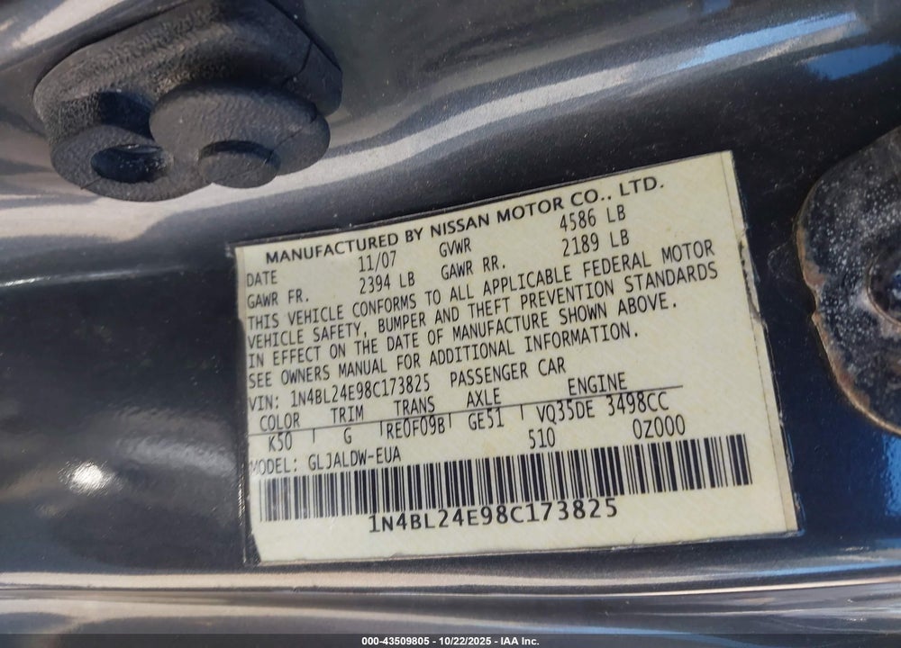 2008 NISSAN ALTIMA 3.5 SE VIN: 1N4BL24E98C173825