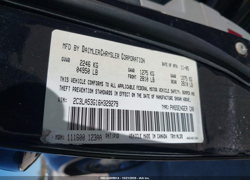 2006 CHRYSLER 300 TOURING VIN: 2C3LA53G16H329279