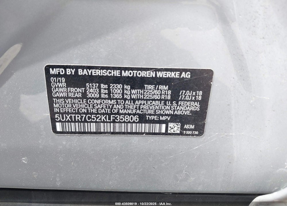 2019 BMW X3 VIN: 5UXTR7C52KLF35806
