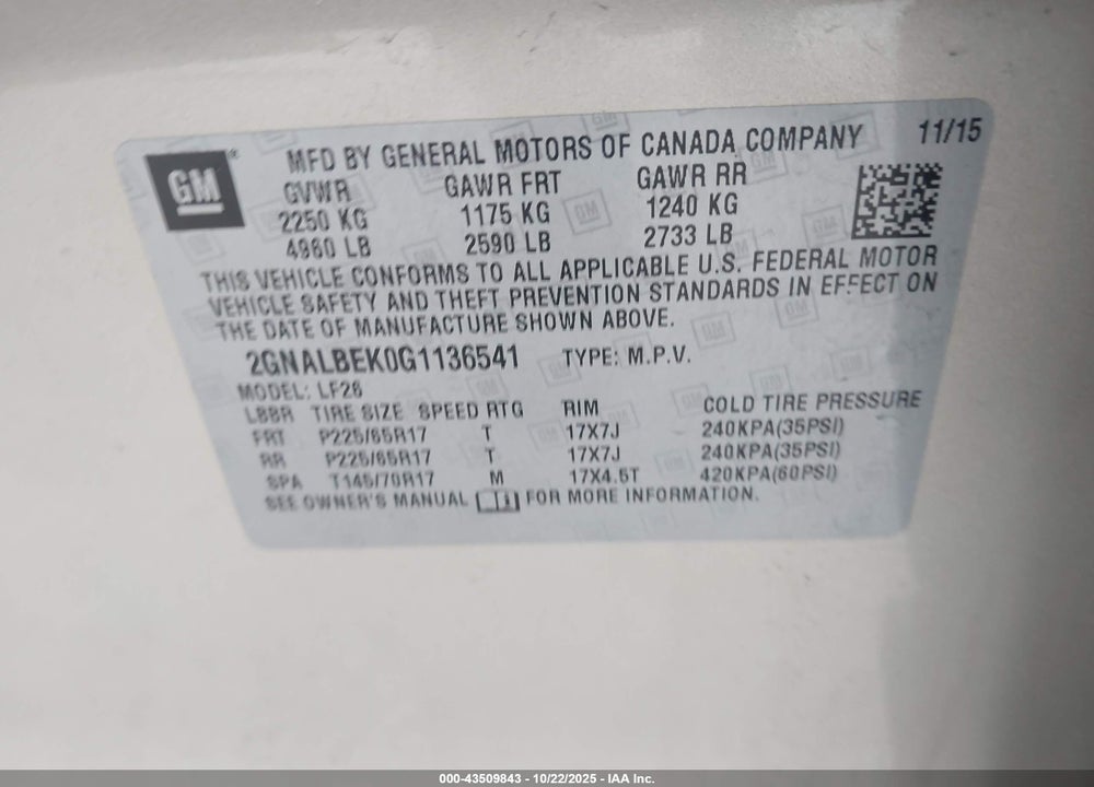 2016 CHEVROLET EQUINOX VIN: 2GNALBEK0G1136541