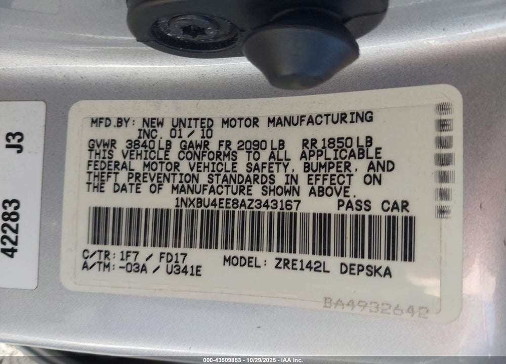 2010 TOYOTA COROLLA S VIN: 1NXBU4EE8AZ343167