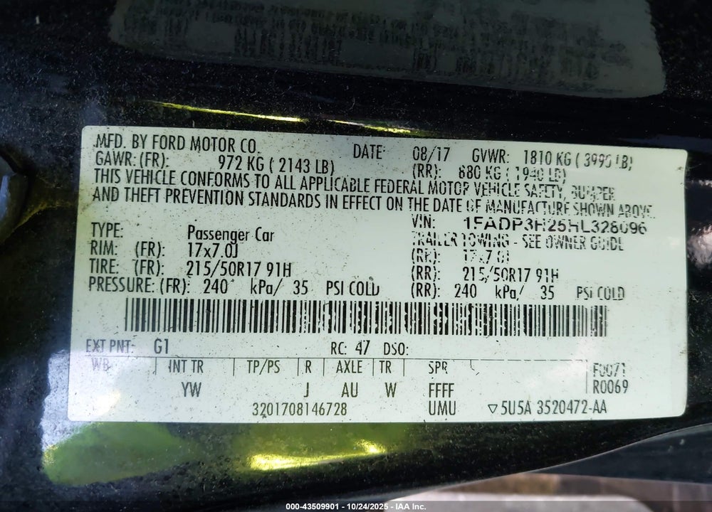 2017 FORD FOCUS SEL VIN: 1FADP3H25HL328096