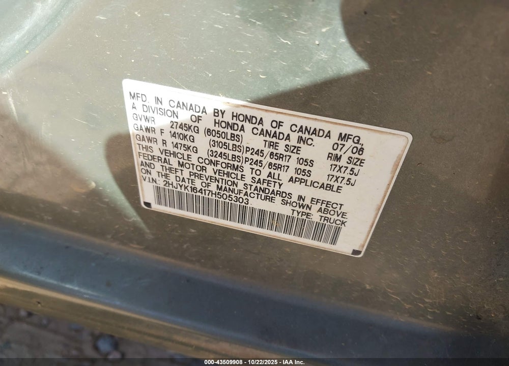 2007 HONDA RIDGELINE RTS VIN: 2HJYK16417H505303
