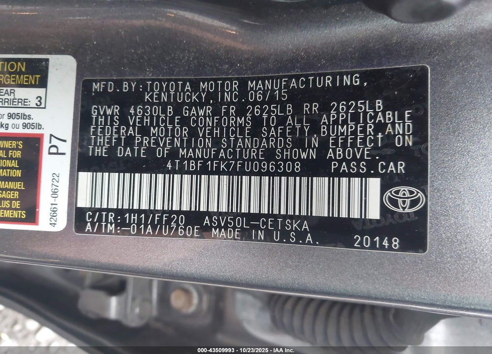 2015 TOYOTA CAMRY VIN: 4T1BF1FK7FU096308