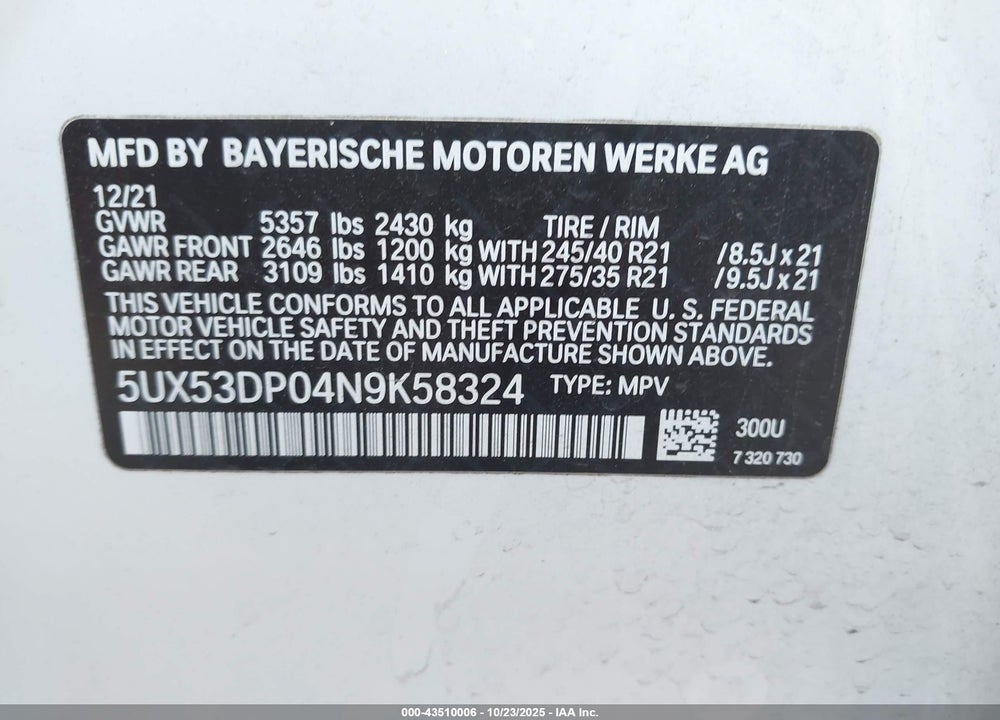 2022 BMW X3 VIN: 5UX53DP04N9K58324