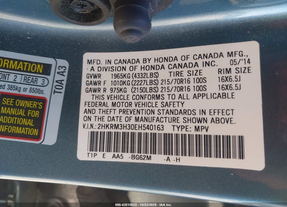 2014 HONDA CR-V LX VIN: 2HKRM3H30EH540163