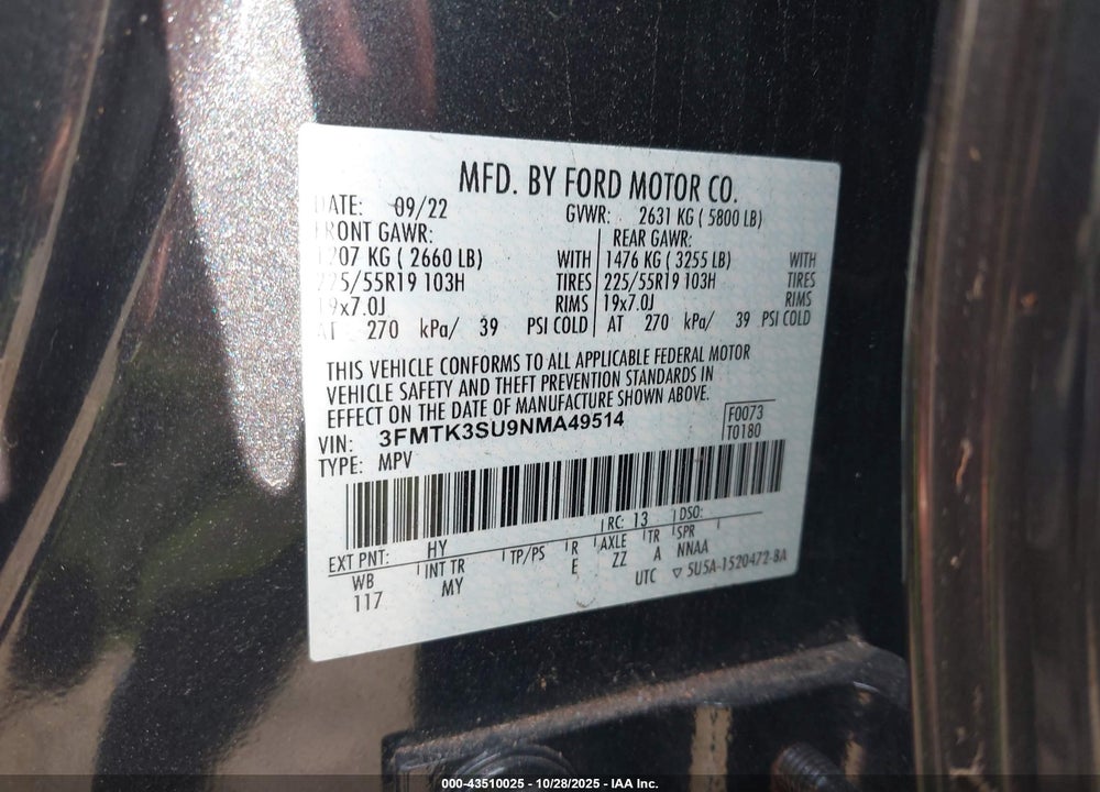 2022 FORD MUSTANG MACH-E PREMIUM VIN: 3FMTK3SU9NMA49514