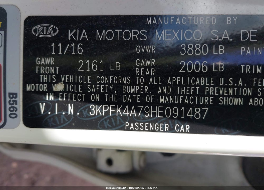 2017 KIA FORTE LX VIN: 3KPFK4A79HE091487