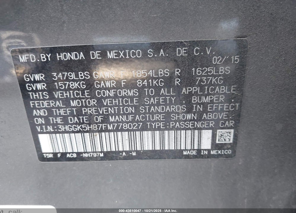 2015 HONDA FIT EX/EX-L VIN: 3HGGK5H87FM778027