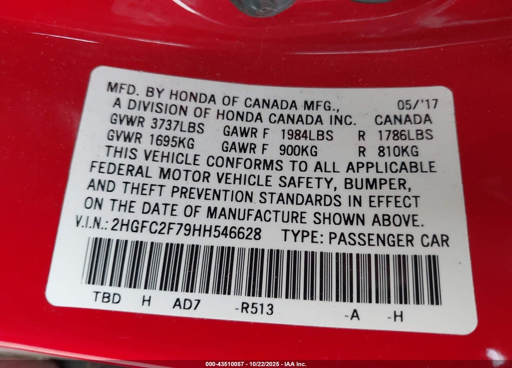 2017 HONDA CIVIC EX VIN: 2HGFC2F79HH546628