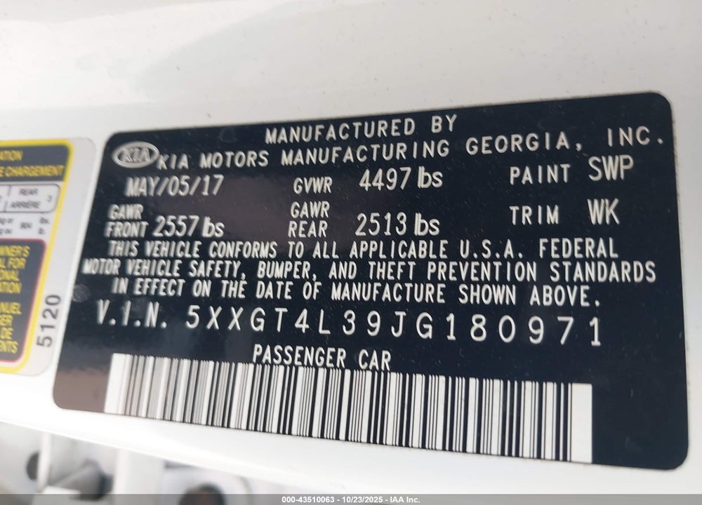 2018 KIA OPTIMA LX VIN: 5XXGT4L39JG180971