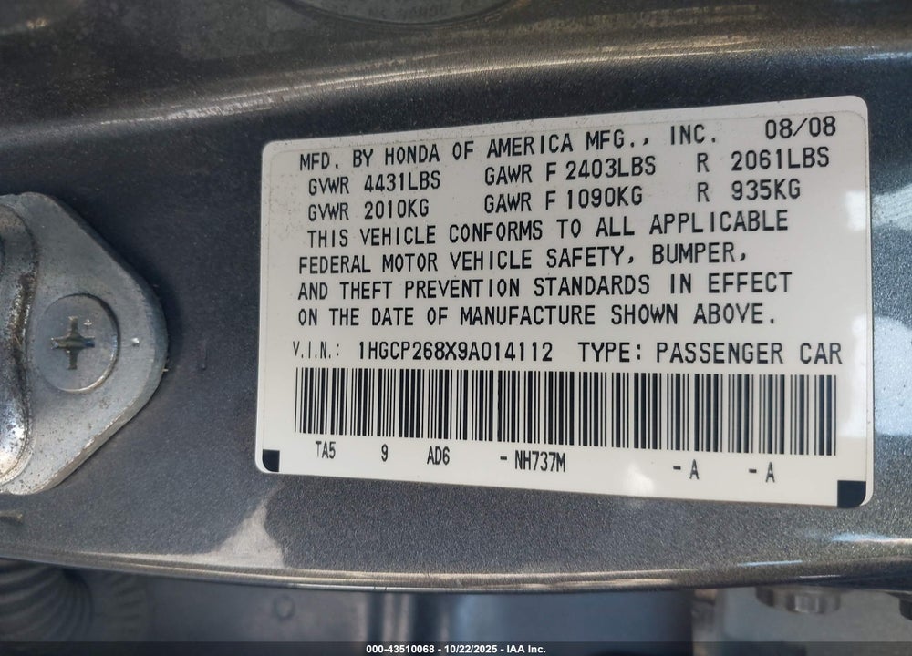 2009 HONDA ACCORD 2.4 EX-L VIN: 1HGCP268X9A014112