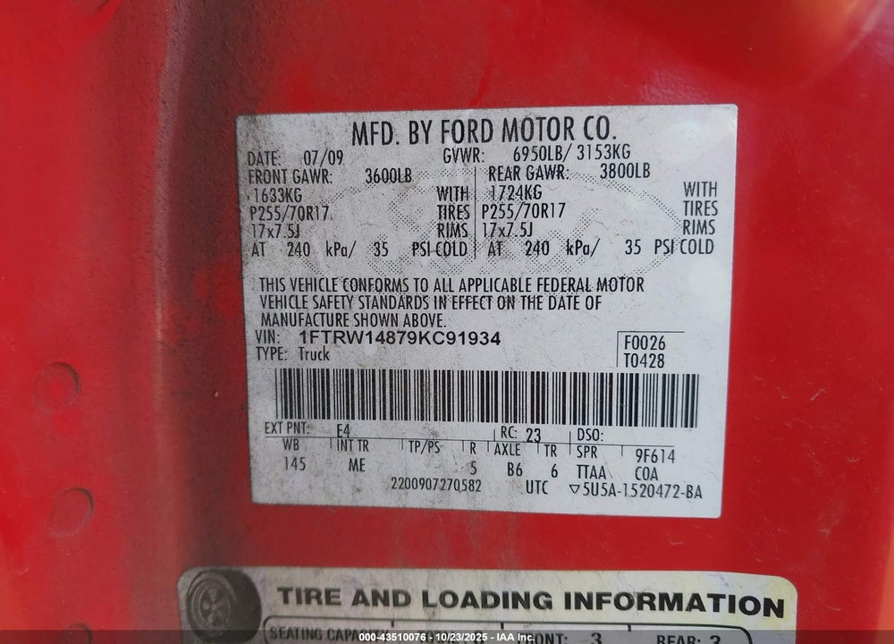 2009 FORD F-150 VIN: 1FTRW14879KC91934