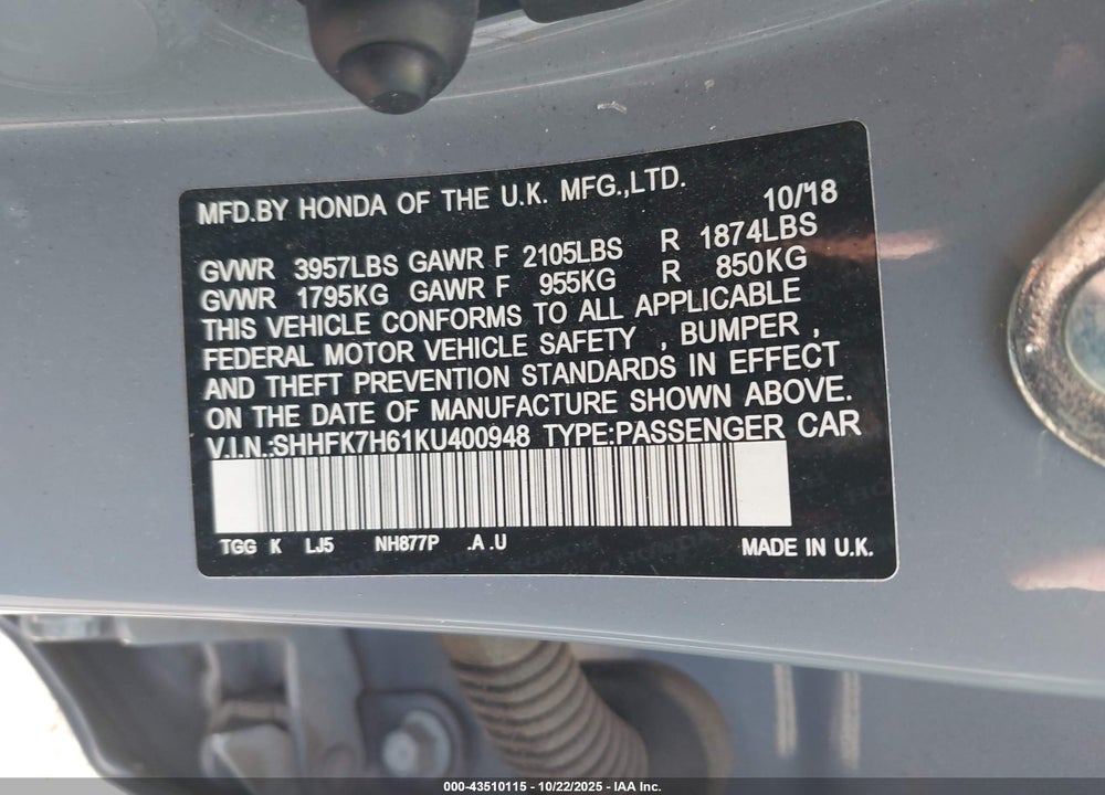 2019 HONDA CIVIC VIN: SHHFK7H61KU400948