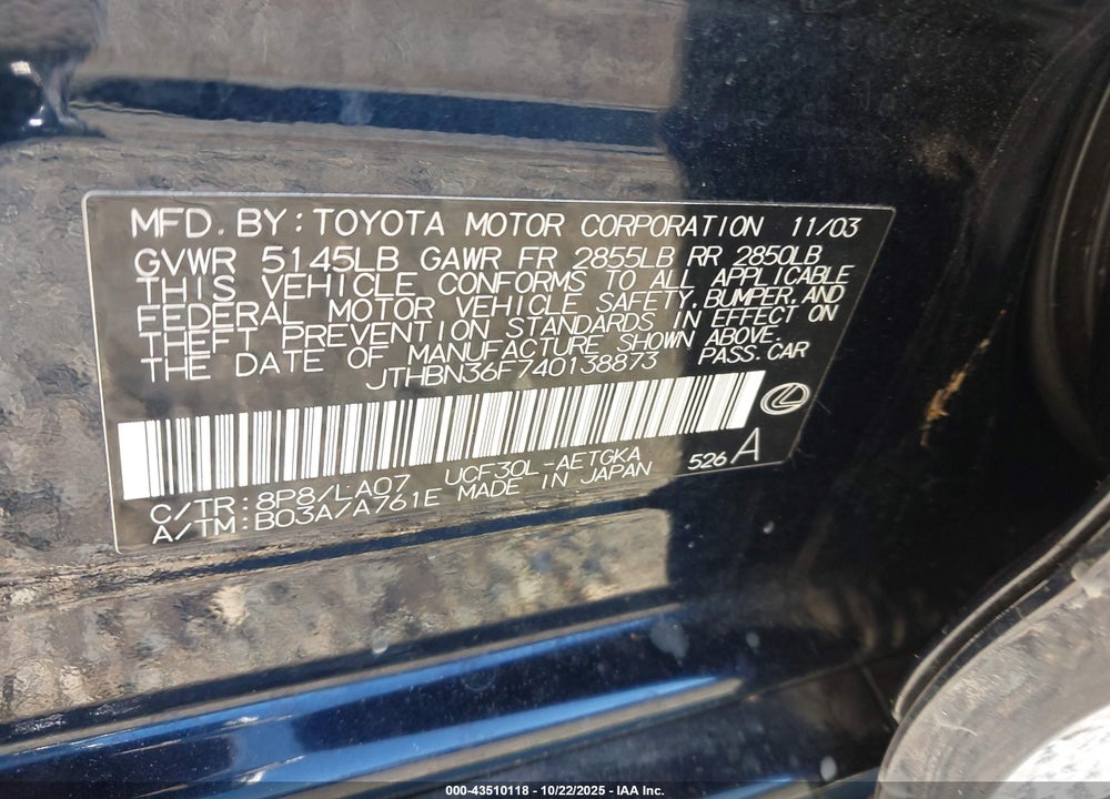2004 LEXUS LS 430 VIN: JTHBN36F740138873