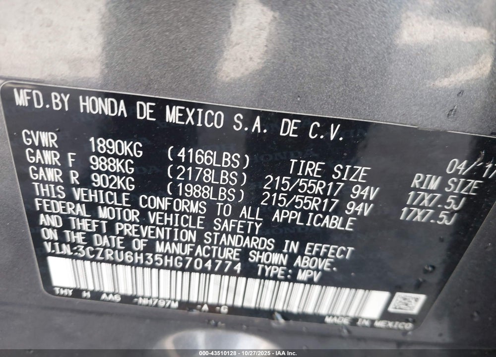 2017 HONDA HR-V VIN: 3CZRU6H35HG704774