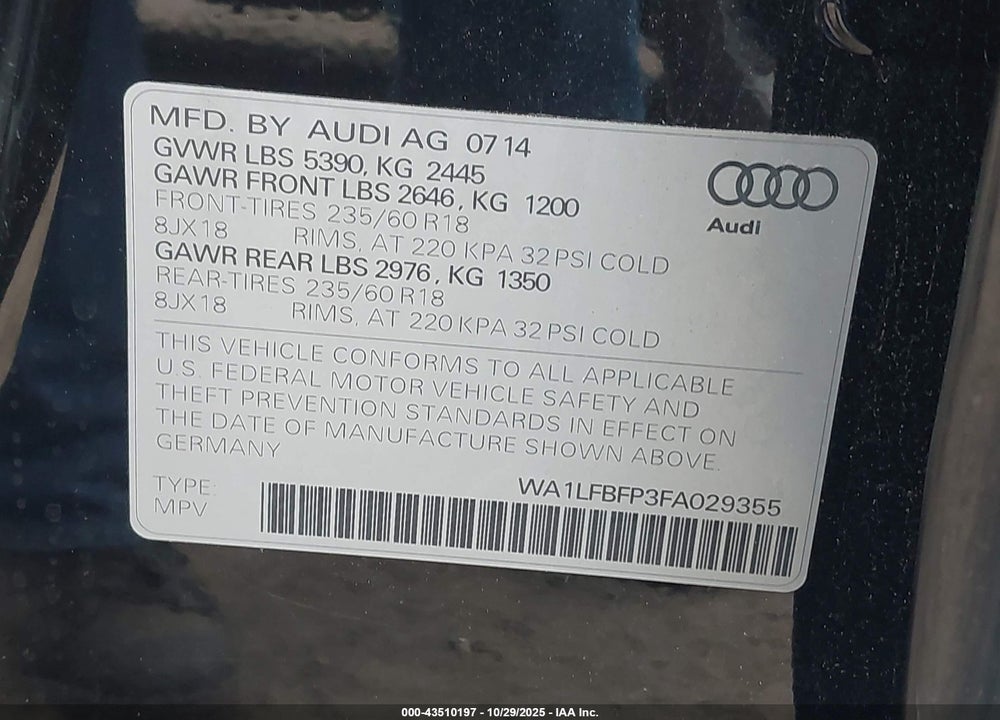 2015 AUDI Q5 2.0T PREMIUM VIN: WA1LFBFP3FA029355