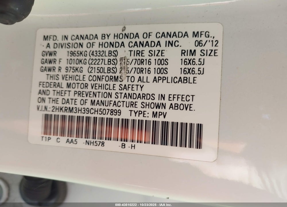 2012 HONDA CR-V LX VIN: 2HKRM3H39CH507899