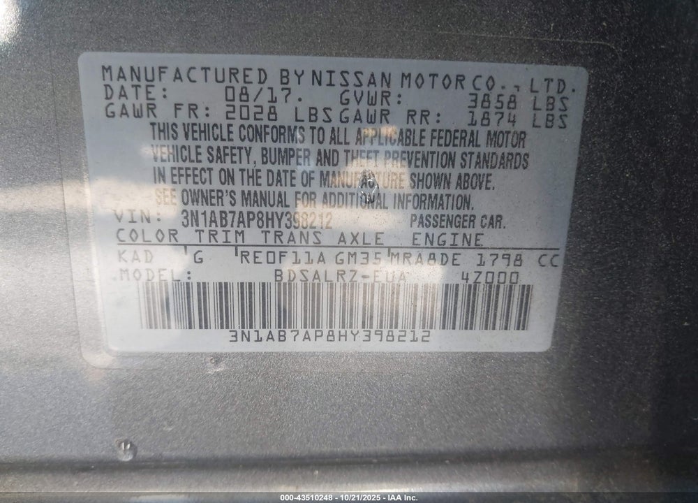 2017 NISSAN SENTRA VIN: 3N1AB7AP8HY398212