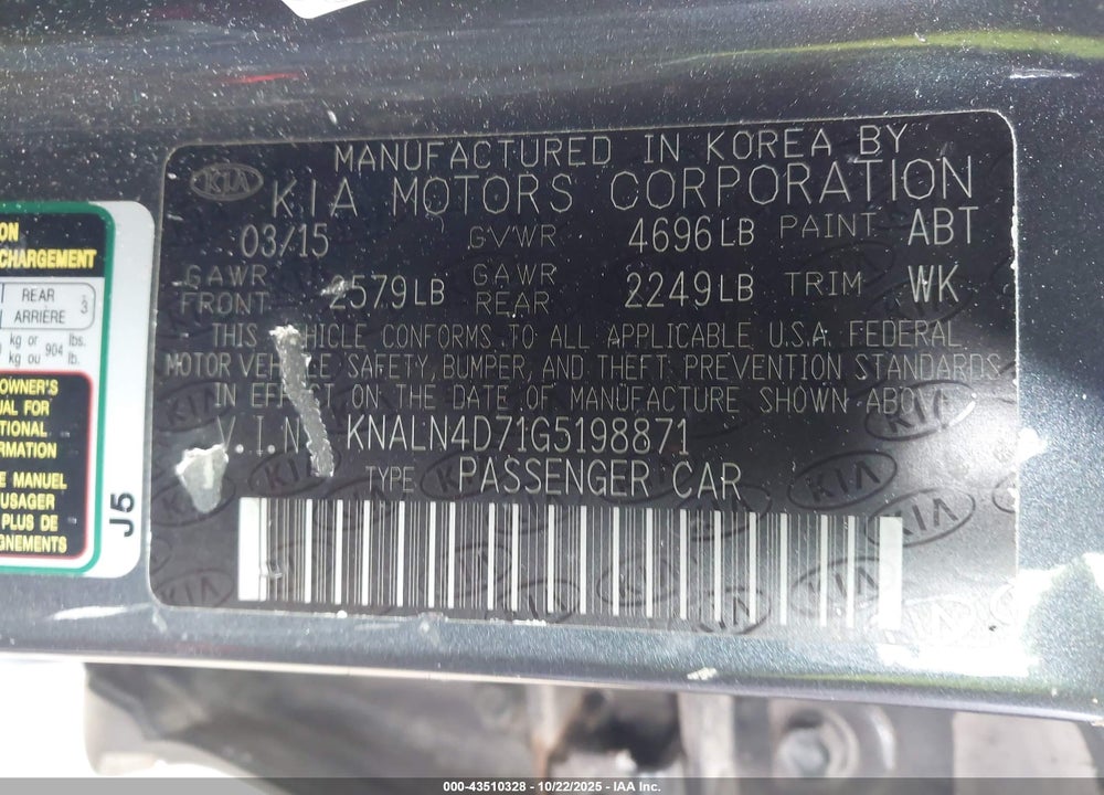 2016 KIA CADENZA PREMIUM VIN: KNALN4D71G5198871