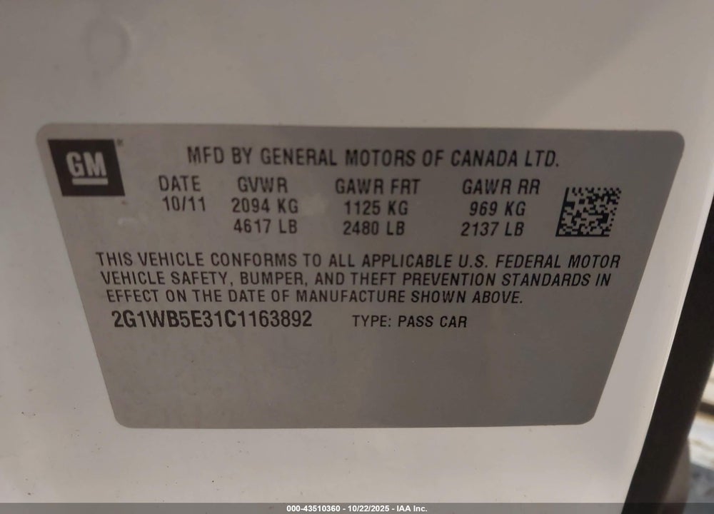 2012 CHEVROLET IMPALA VIN: 2G1WB5E31C1163892