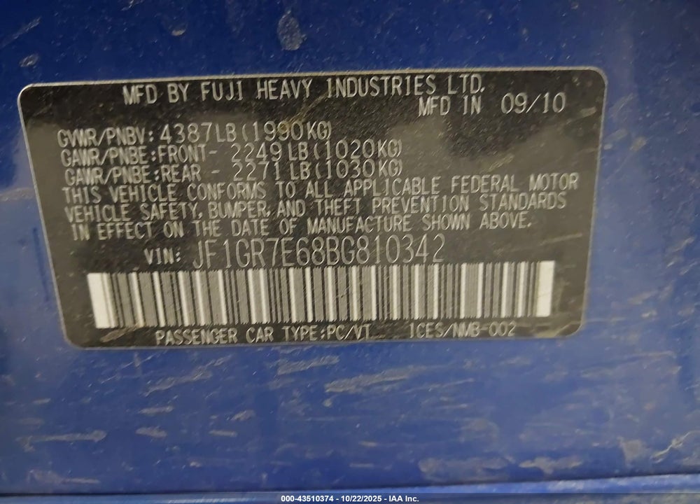 2011 SUBARU IMPREZA WRX VIN: JF1GR7E68BG810342