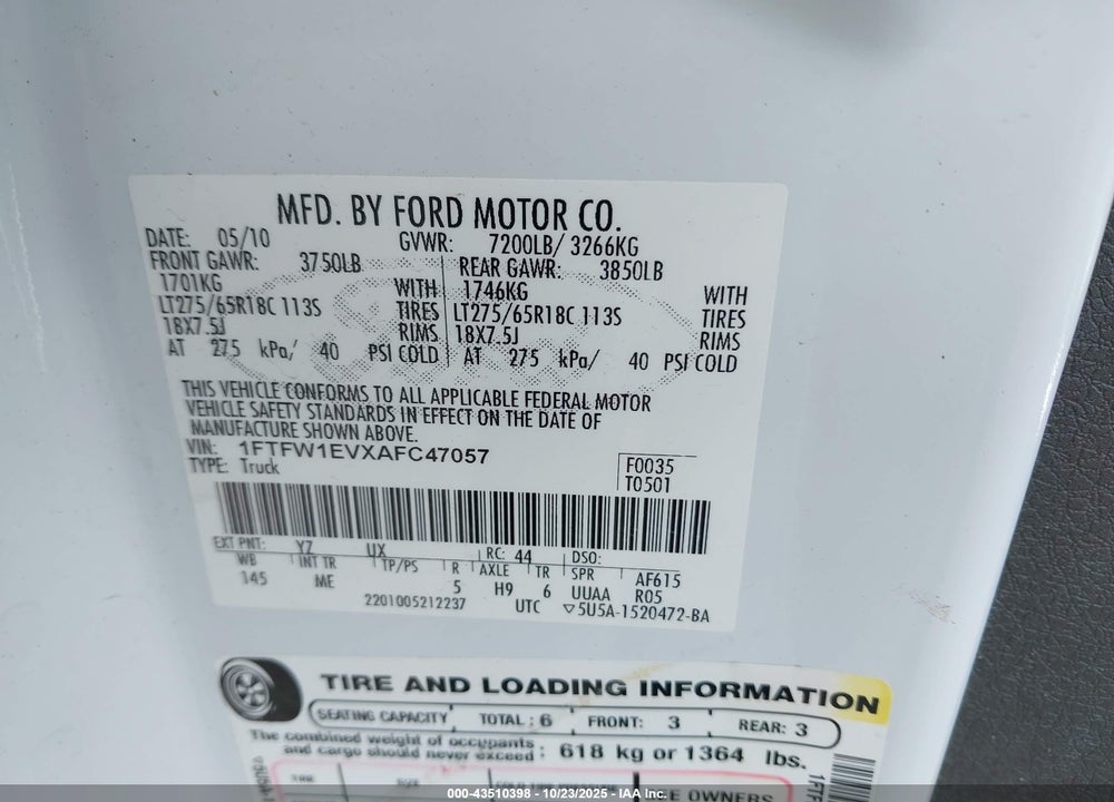 2010 FORD F-150 VIN: 1FTFW1EVXAFC47057