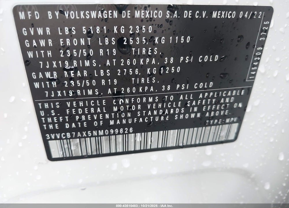 2022 VOLKSWAGEN TIGUAN VIN: 3VVCB7AX5NM099626