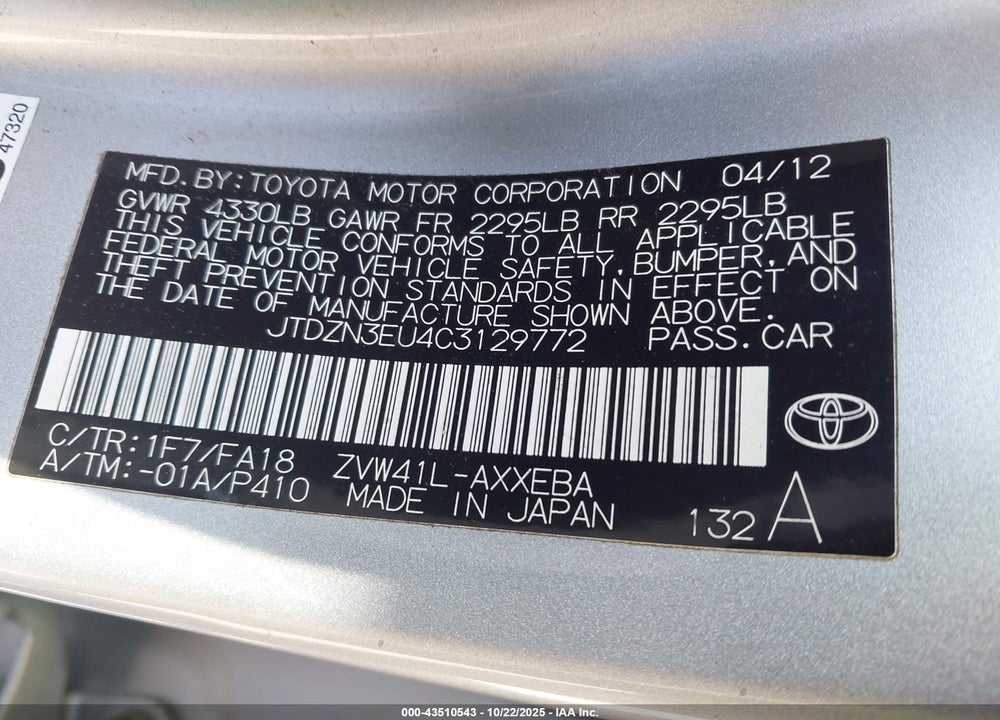 2012 TOYOTA PRIUS V TWO VIN: JTDZN3EU4C3129772