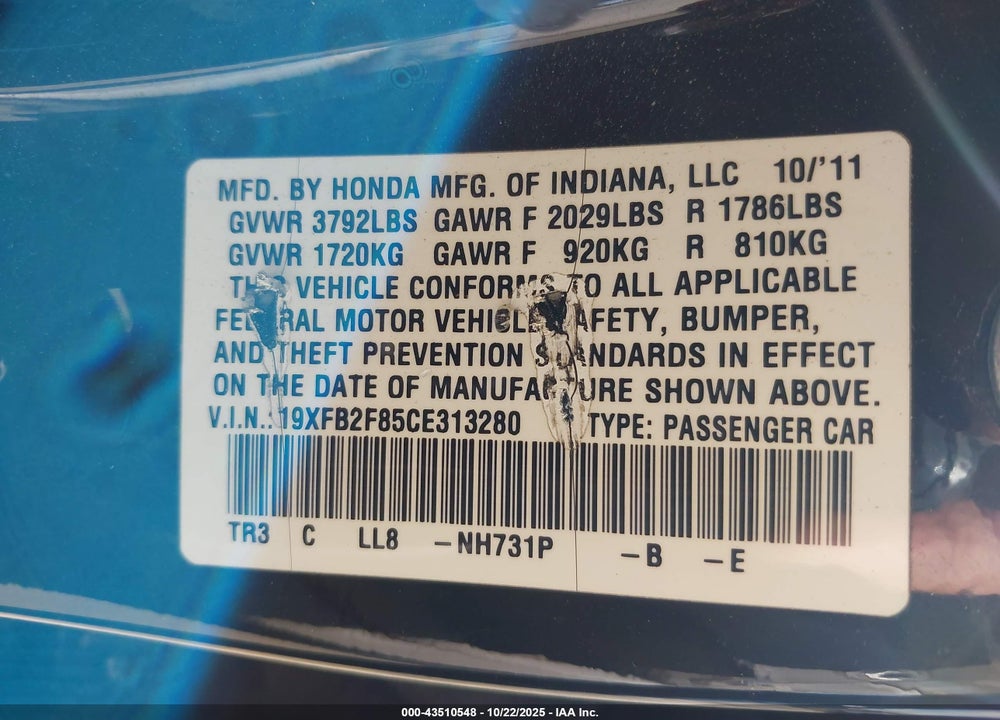 2012 HONDA CIVIC VIN: 19XFB2F85CE313280
