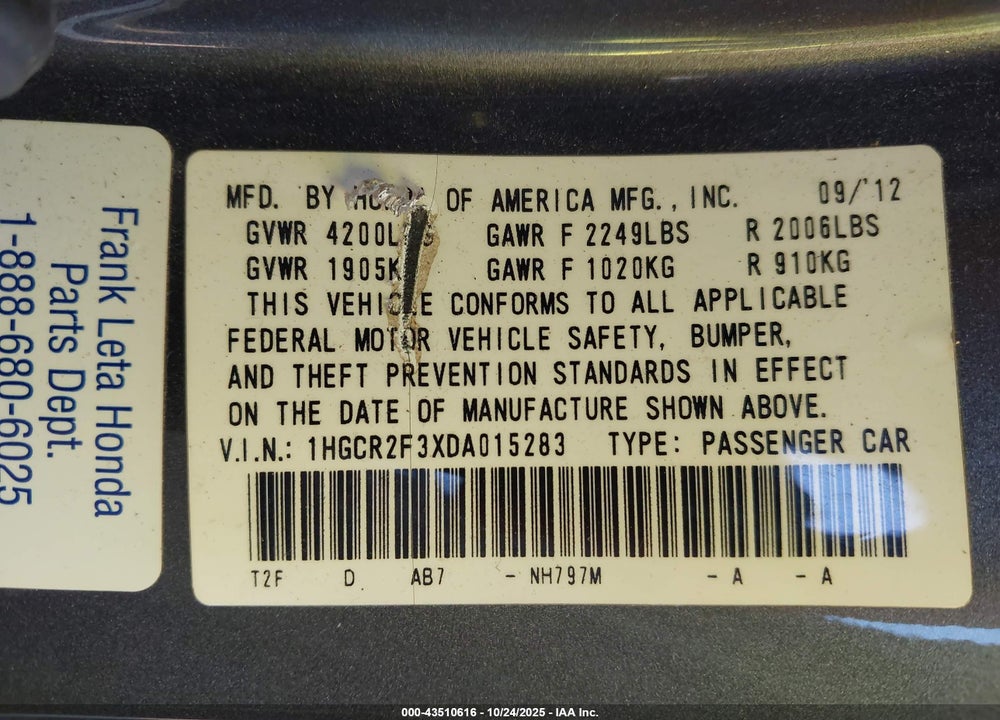 2013 HONDA ACCORD VIN: 1HGCR2F3XDA015283