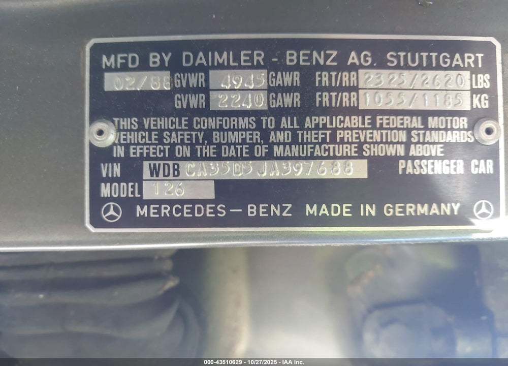 1988 MERCEDES-BENZ 420 SEL VIN: WDBCA35D5JA397688