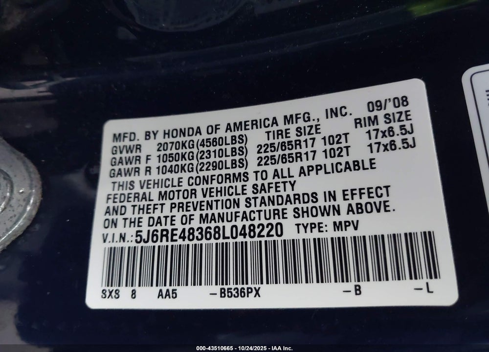 2008 HONDA CR-V LX VIN: 5J6RE48368L048220