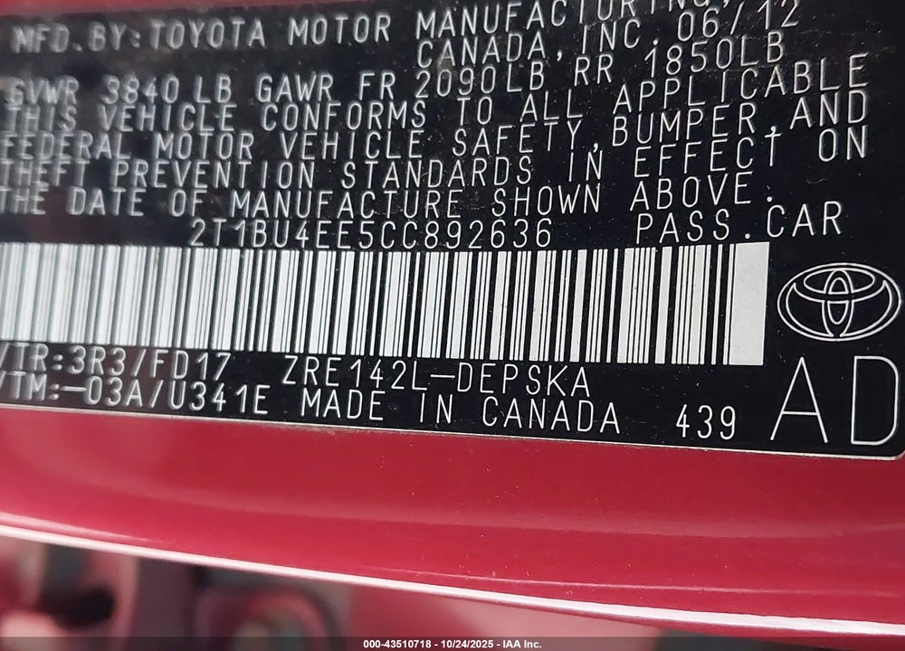 2012 TOYOTA COROLLA S VIN: 2T1BU4EE5CC892636